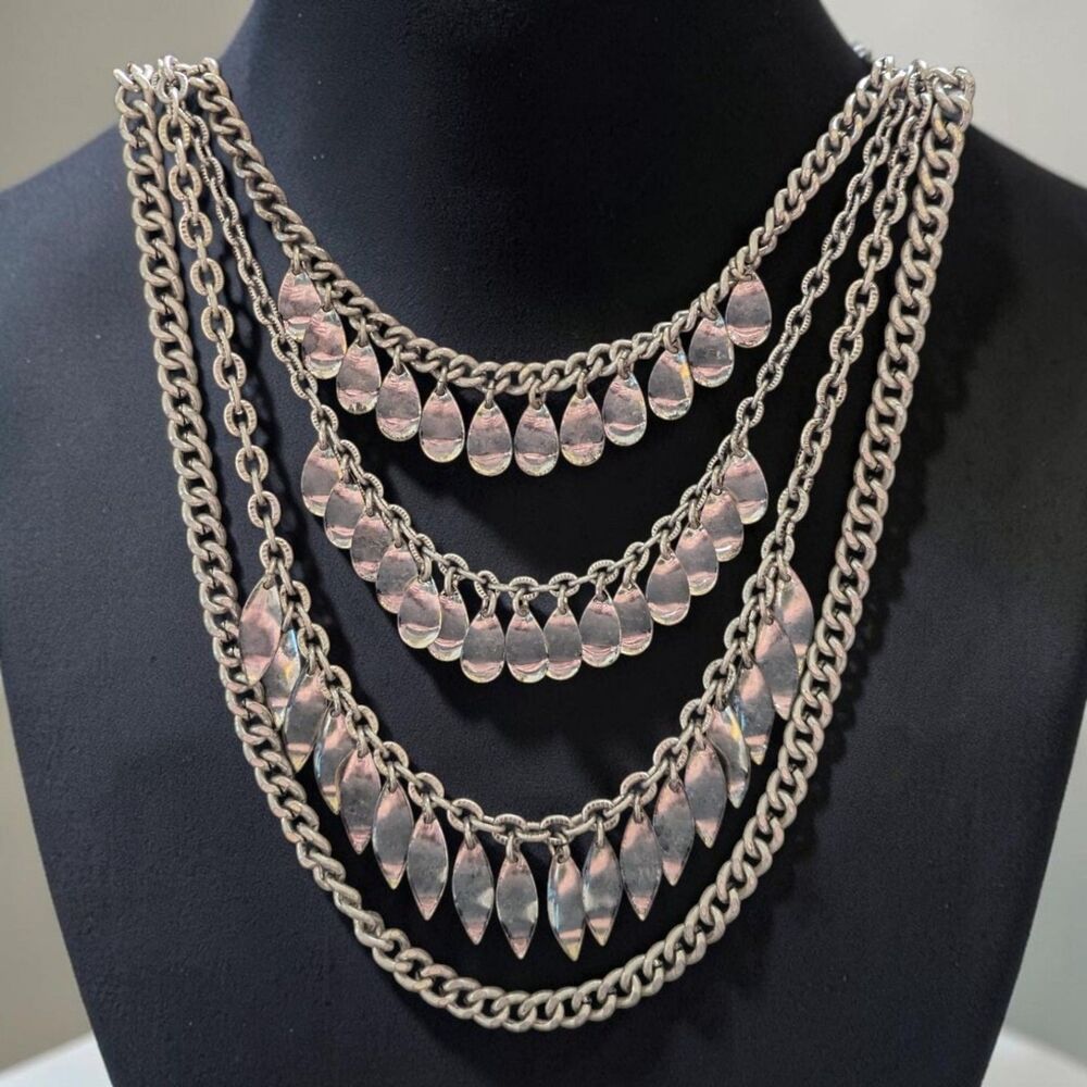 Silver Tone Multi Strand Statement Necklace, Boho Y2K Layered Chain Necklace